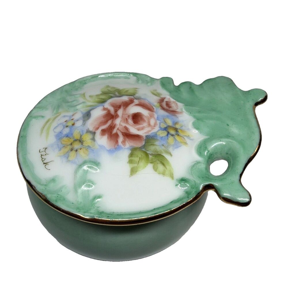 Double Signed Vintage Porcelain Trinket Box Leaf Lid Pink Roses Powder Jar 1980